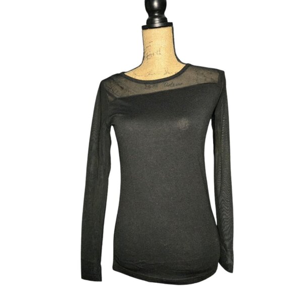 NWT Poof! Black Mesh Yoke Long Sleeve Top Sheer Shoulder Crew Neck Blouse Small - Picture 2 of 7